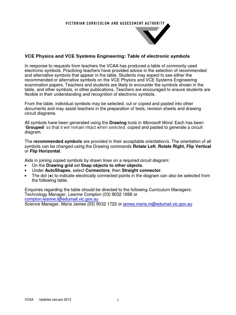 VCE Physics and VCE Systems Engineering: Table of Electronic Symbols | PDF