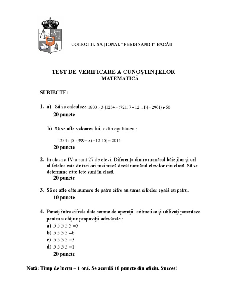 Test Matematica 2017 PDF | PDF