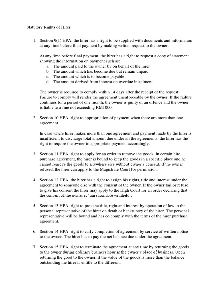 Statutory Rights of Hirer | PDF | Interest | Payments