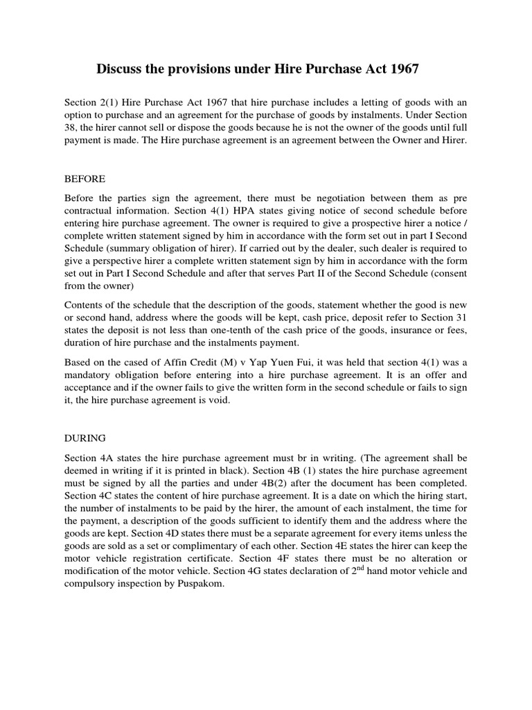 Formation For A Valid Hire Purchase Agreement  PDF  Virtue Regarding hire purchase agreement template