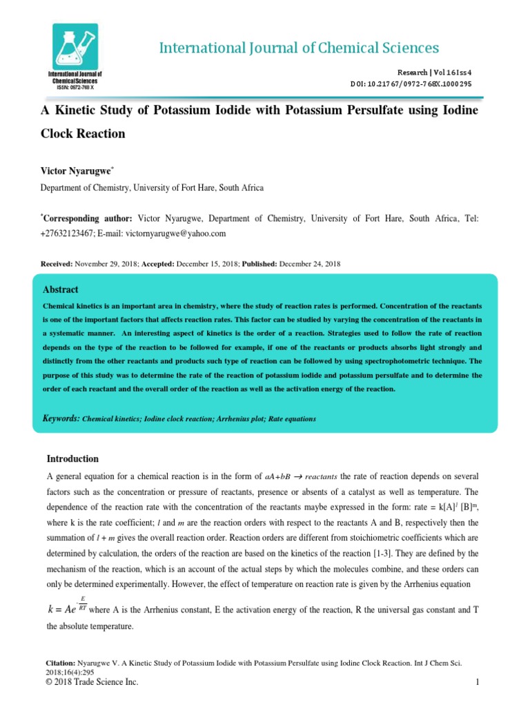 A Kinetic Study Of Potassium Iodide With Potassium Persulfate Using