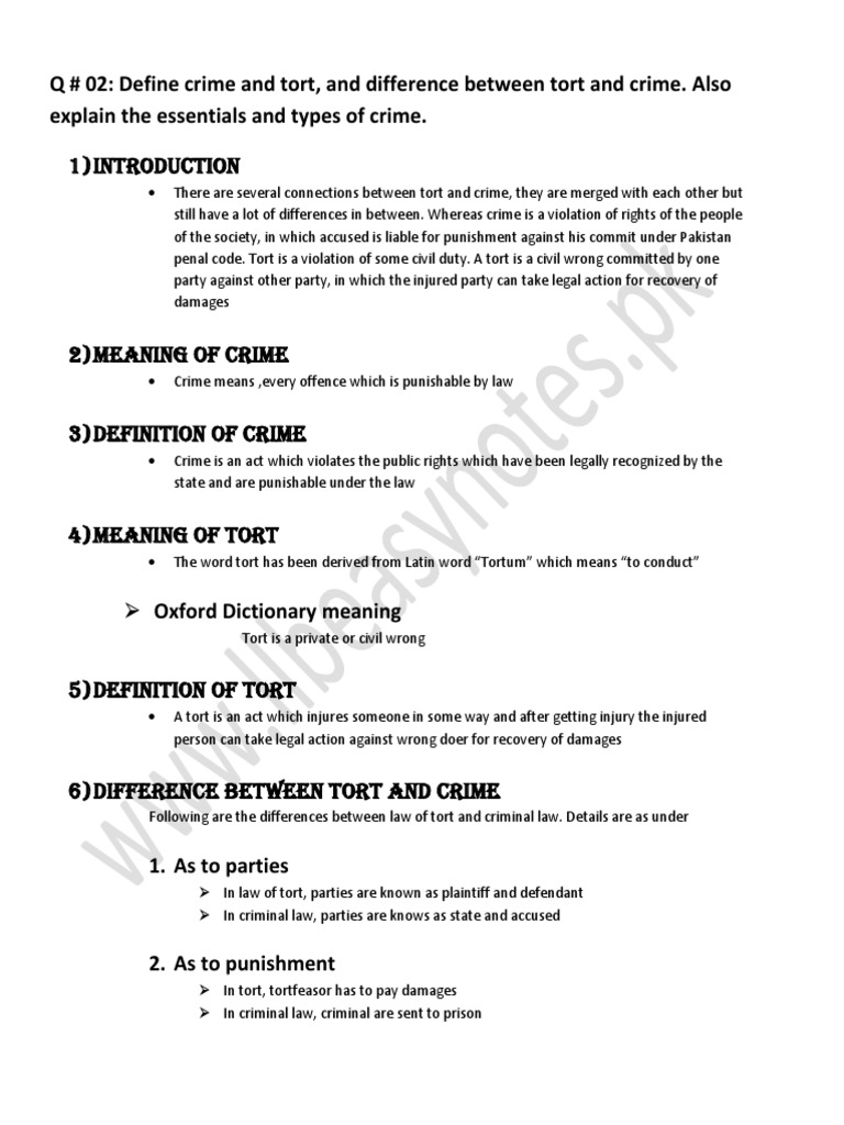 Distinction Between Crime and Tort PDF Mens Rea Crime &