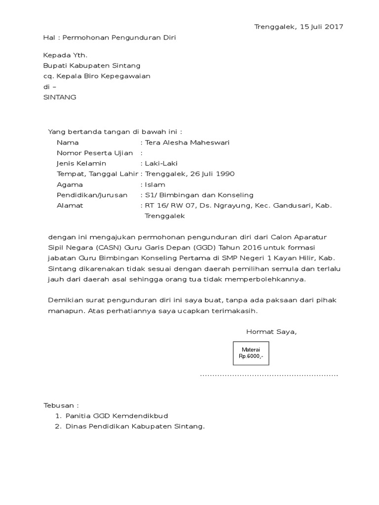 Contoh Surat Pengunduran Diri Cpns