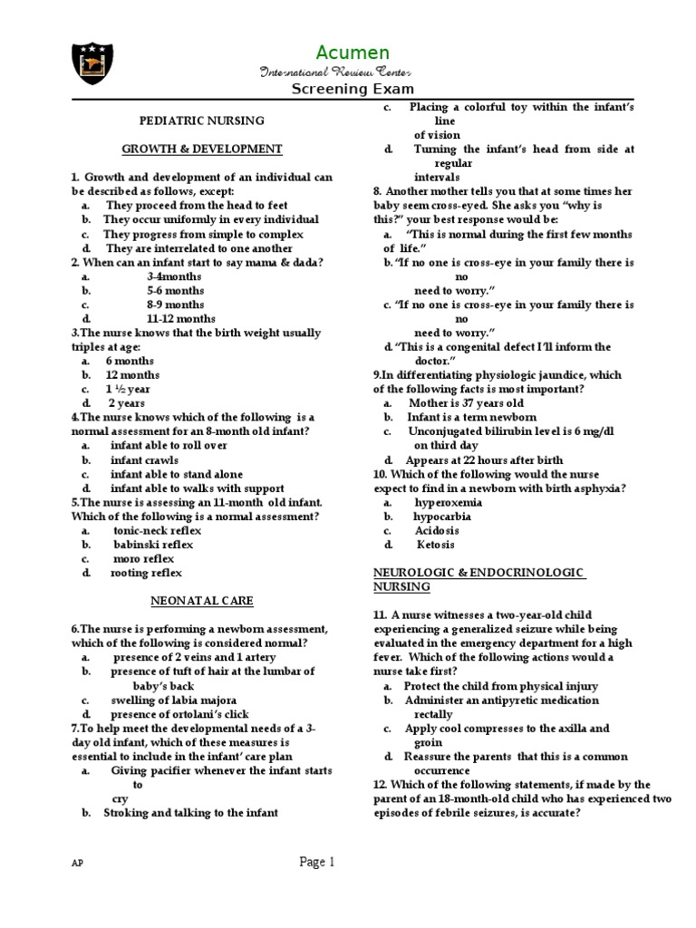 Pediatric Nursing Screening Exam | PDF | Childbirth | Ventricle (Heart)