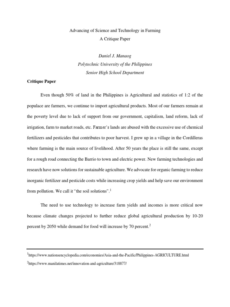 Critique Paper On Farming Advancements In Philippines Agriculture Natural Resource Management