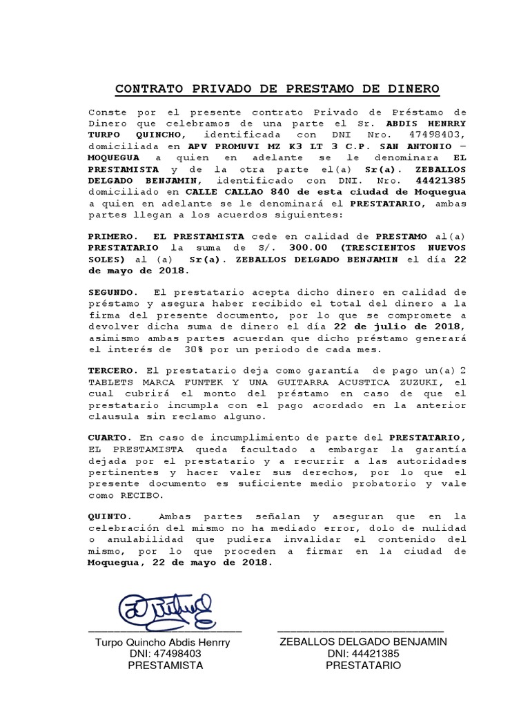 Contrato Privado de Prestamo de Dinero | PDF | Gobierno | Préstamos