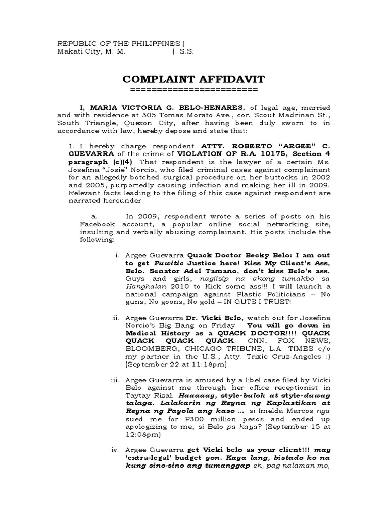 Complaint Affidavit Argee Guevarra Case PDF Common Law Justice
