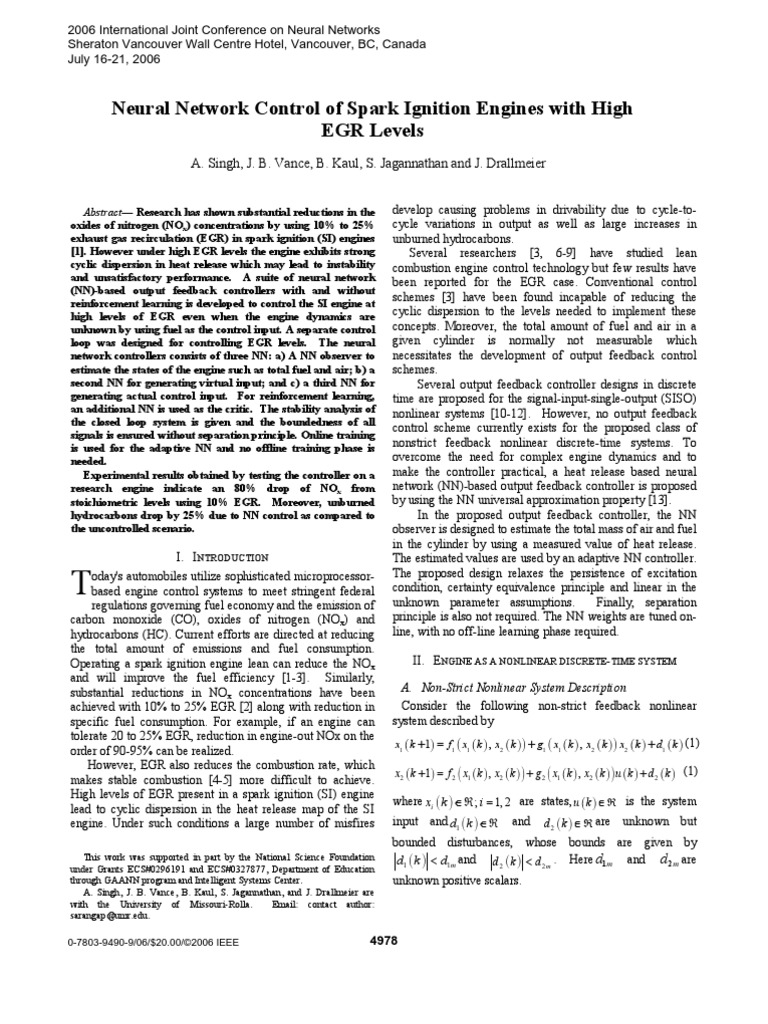 Neural Network Control of Spark Ignition Engines With High EGR Levels