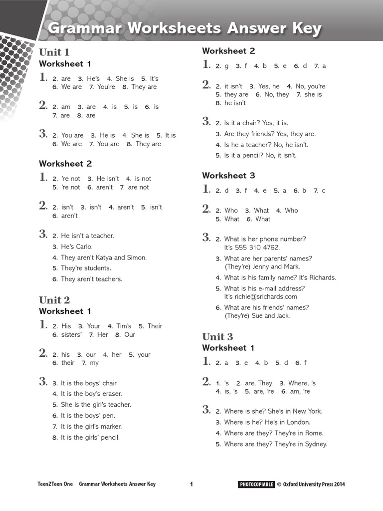 English Worksheets With Answer Key