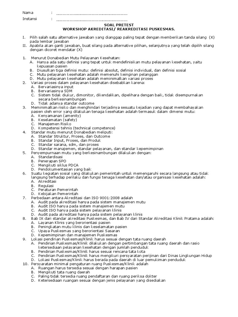 Soal Pretest Dan Post Test Workshop Akreditasi
