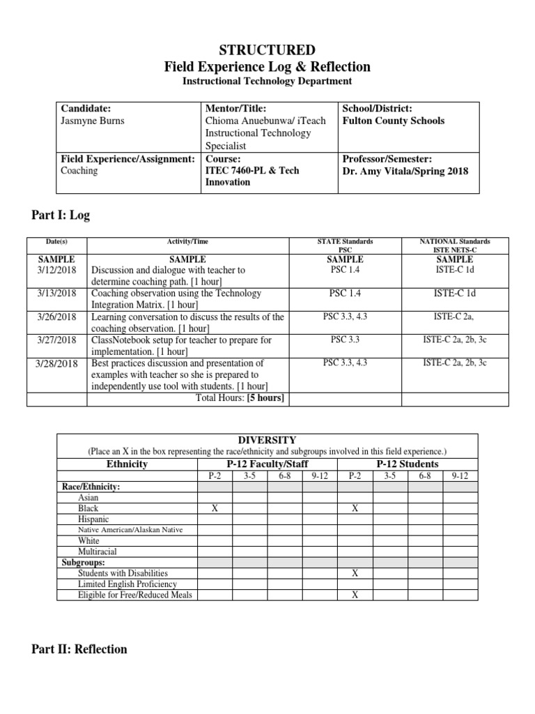 Structured Field Experience Log & Reflection PDF Teachers Pedagogy