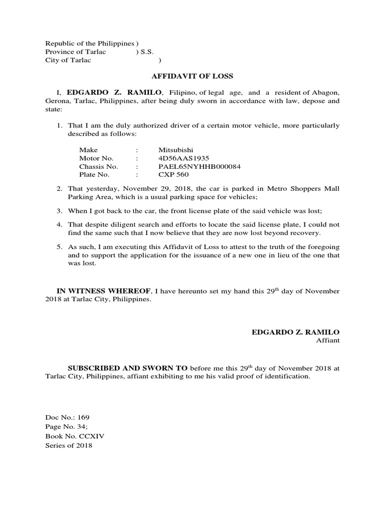 Affidavit of Lost Plate