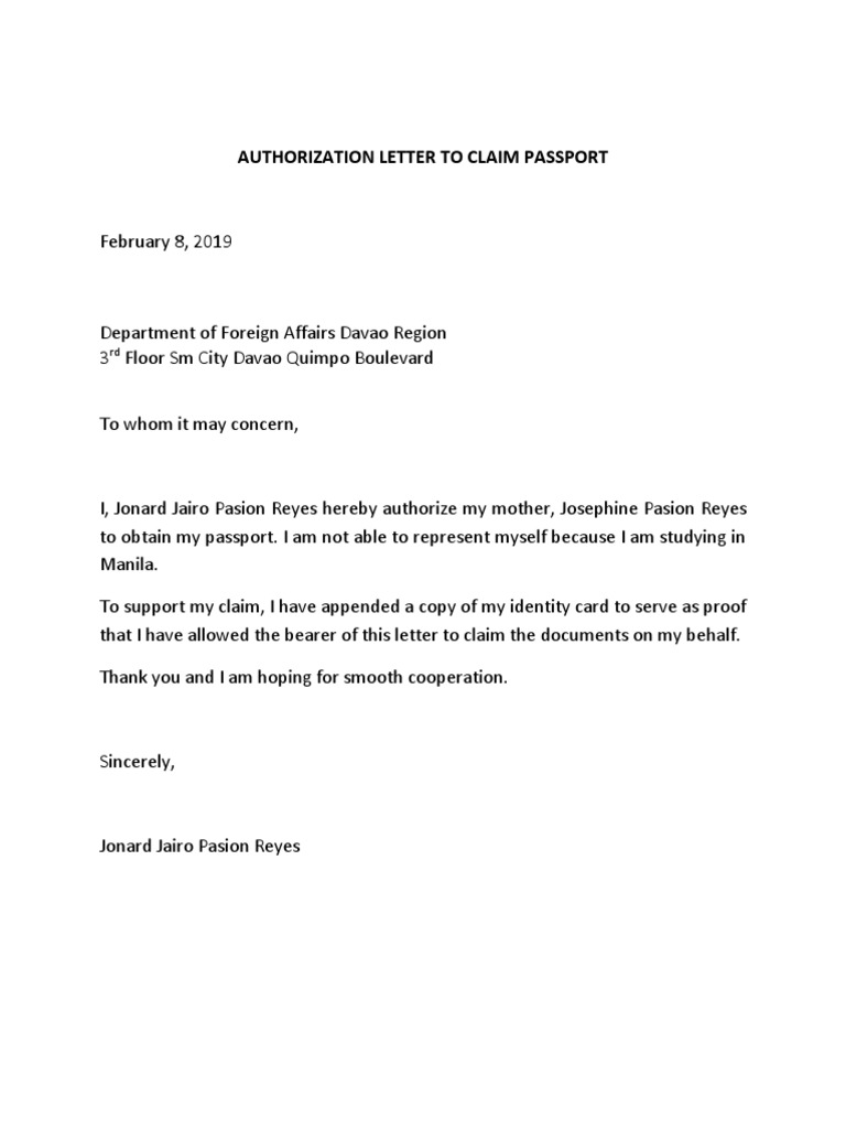 Authorization Letter To Claim Passport  PDF