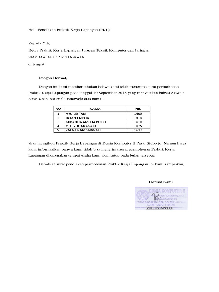 Surat Penolakan Dunia Komputer
