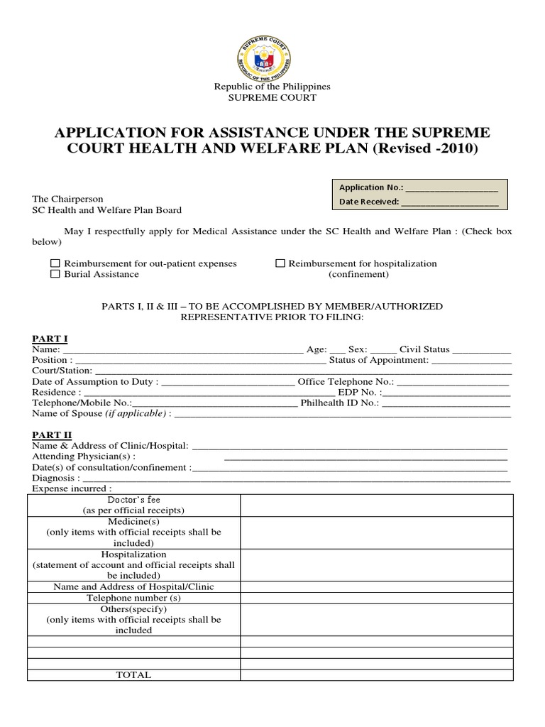 Application For Assistance Under The Supreme Court Health and Welfare