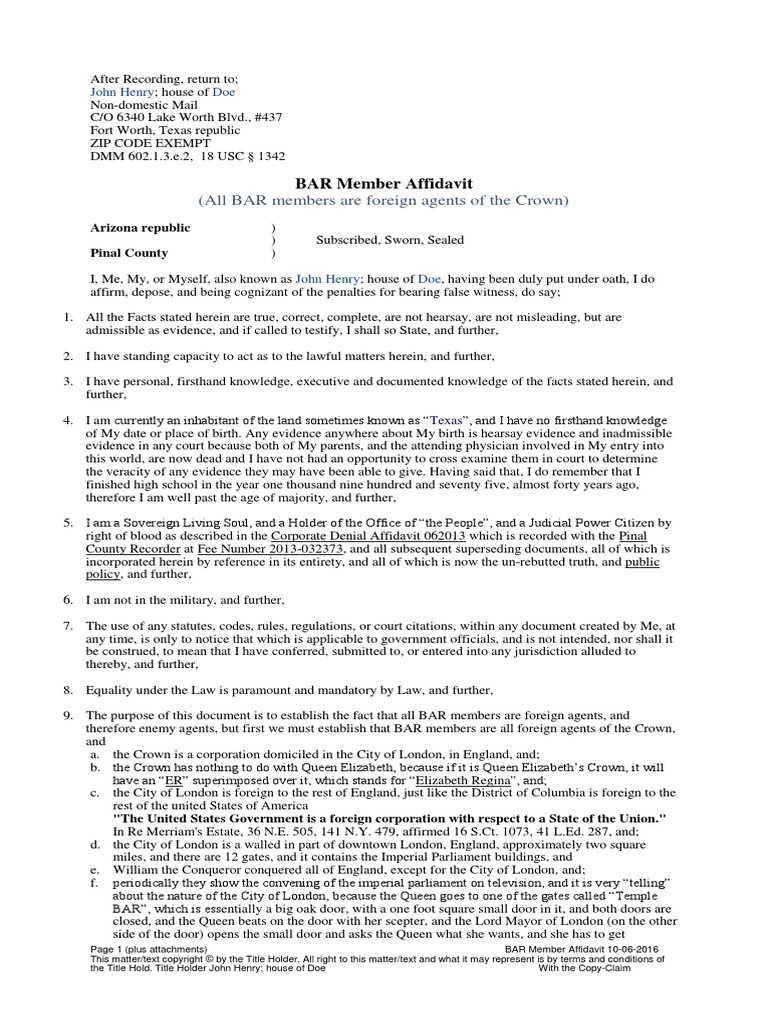 BAR Member Affidavit 3092018 Common Law Government Information