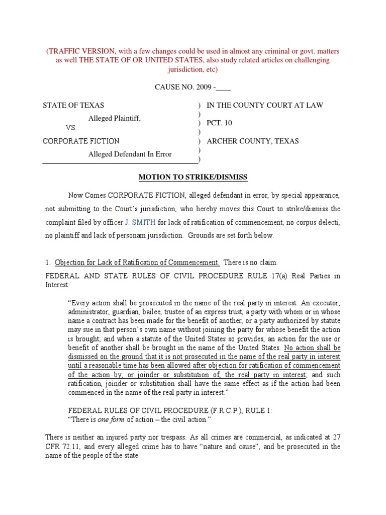 Motion To Dismiss For Lack of Standing PDF Standing (Law) Crime