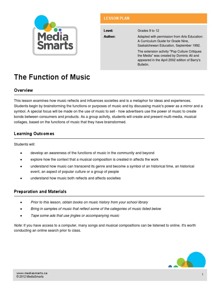 The Function of Music Lesson Plan PDF Songs Advertising