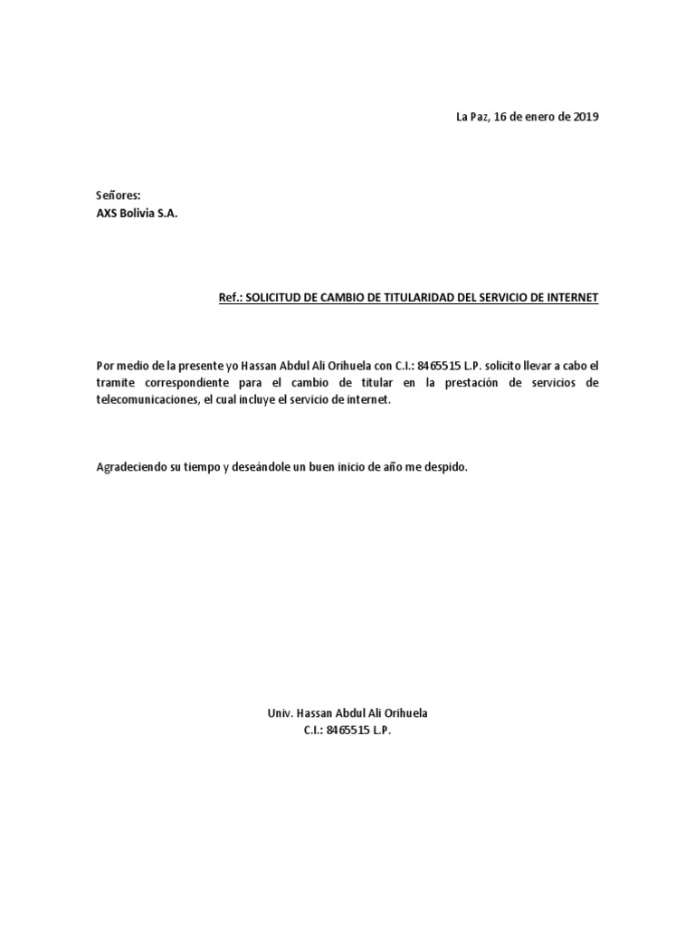 Carta Cambio De Titularidad