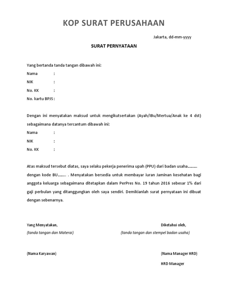 Surat Pernyataan Kesedian Iuran Keluarga Tambahan 1