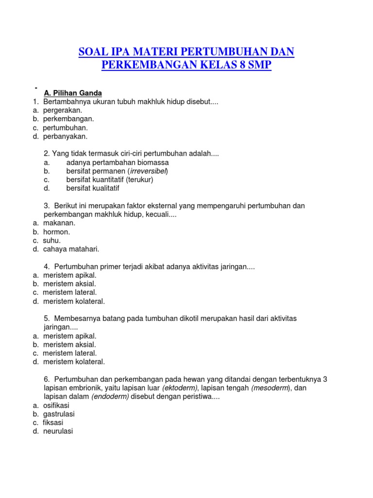 Soal Ipa Materi Pertumbuhan Dan Perkembangan Kelas 8 Smp Pdf