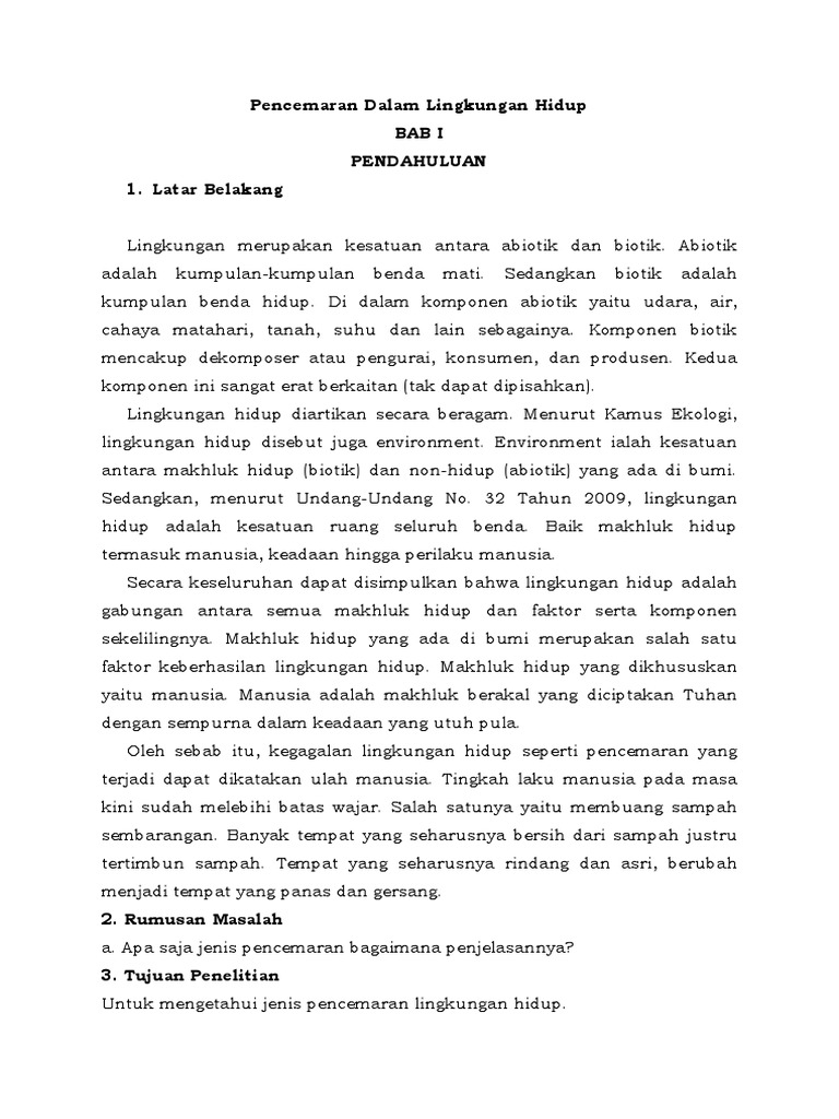 Contoh Karya Ilmiah Pencemaran Dalam Lingkungan Hidup