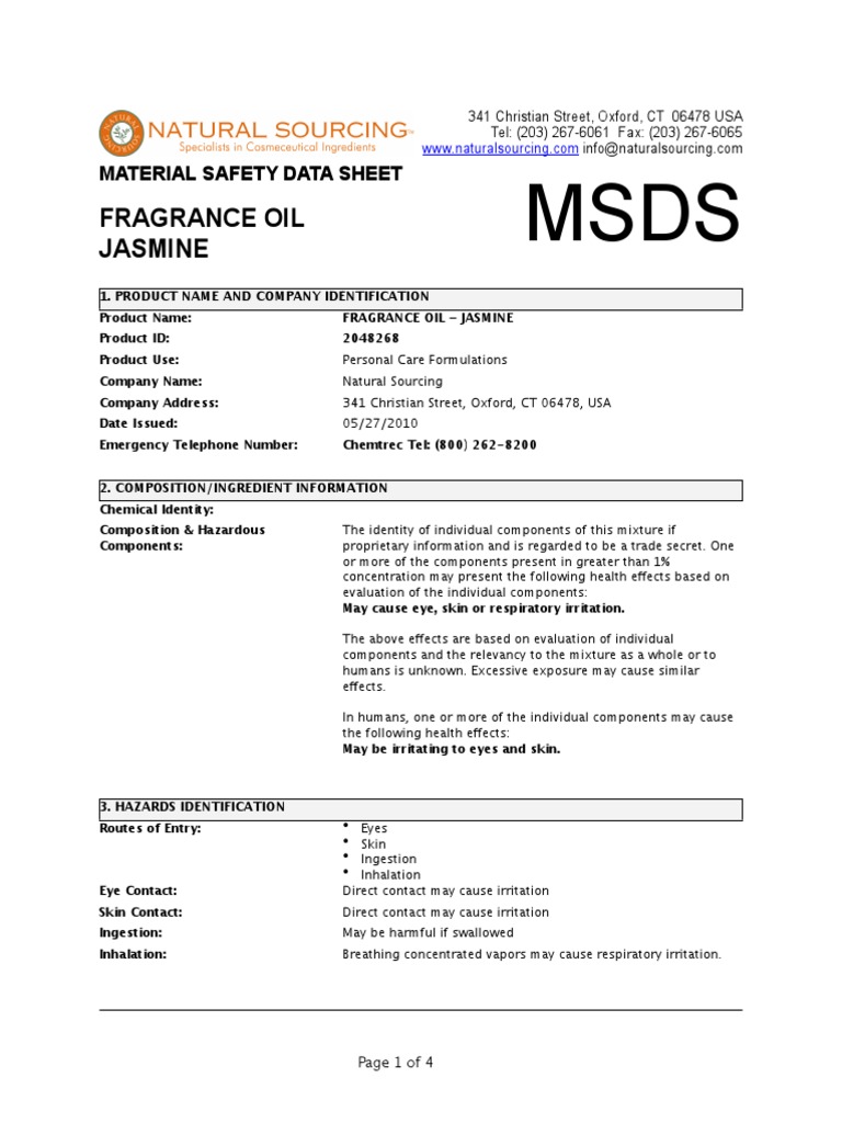 MSDS Fragrance Oil Jasmine PDF Firefighting Combustion