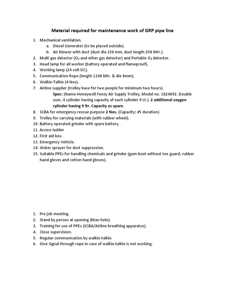 Material Required For GRP Pipeline Work PDF