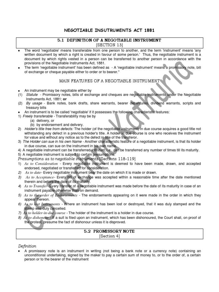 Negotiable Insutruments Act 1881 5 1 Definition Of A Negotiable