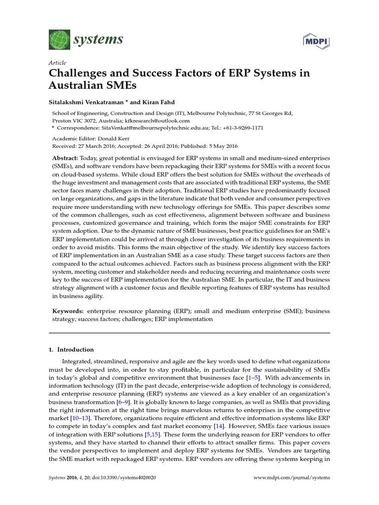 Challenges and Success Factors of ERP Systems in Austrilan SMEs | PDF ...
