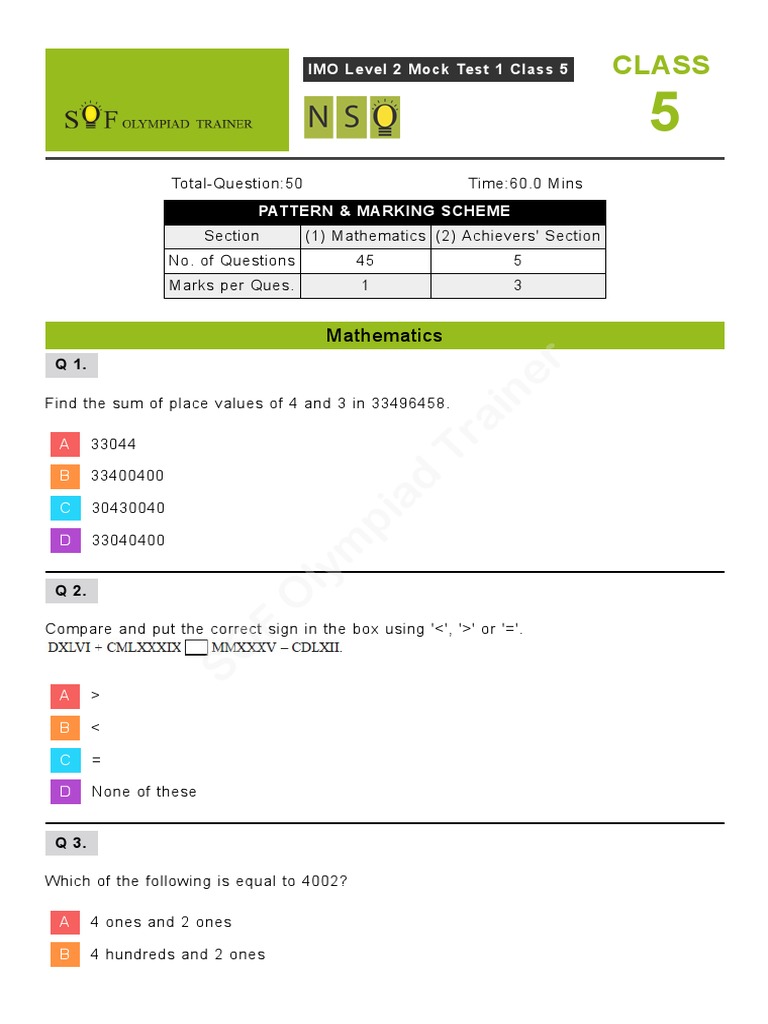IMO Level 2 Mock Test Class 5 PDF Area Geometry