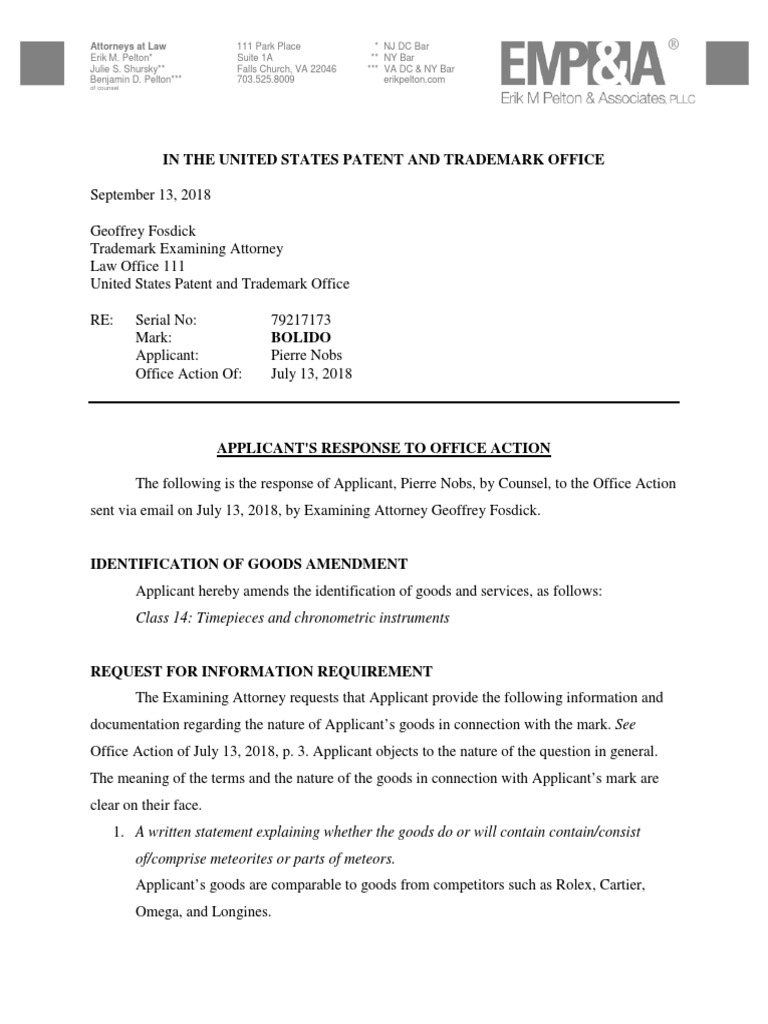 Sample USPTO Trademark Office Action Response For Likelihood of Confusion |  PDF | United States Patent And Trademark Office | Trademark