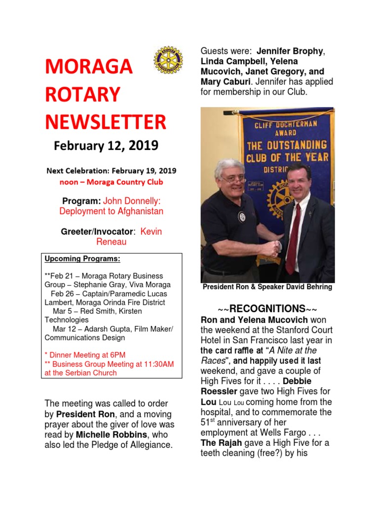 Moraga Rotary Newsletter - Feb 2019 | PDF | Social Science | Travel