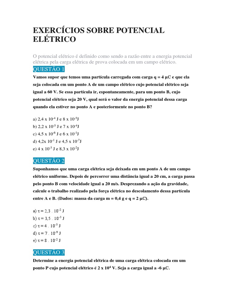 Exercícios Sobre Potencial Elétrico | PDF | Energia potencial | Carga ...