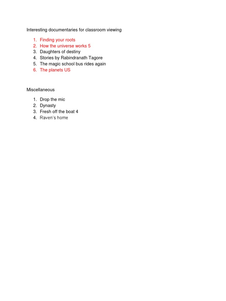Interesting Documentaries For Classroom Viewing | PDF