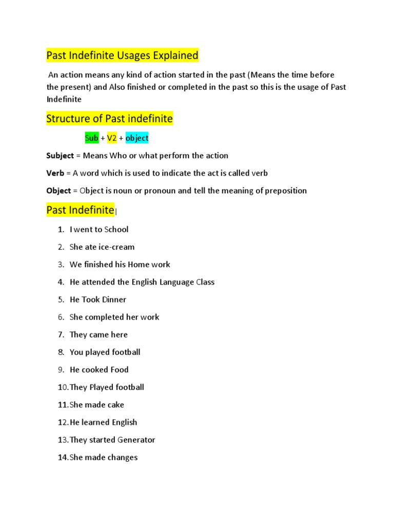 Past Indefinite | PDF | Object (Grammar) | Verb