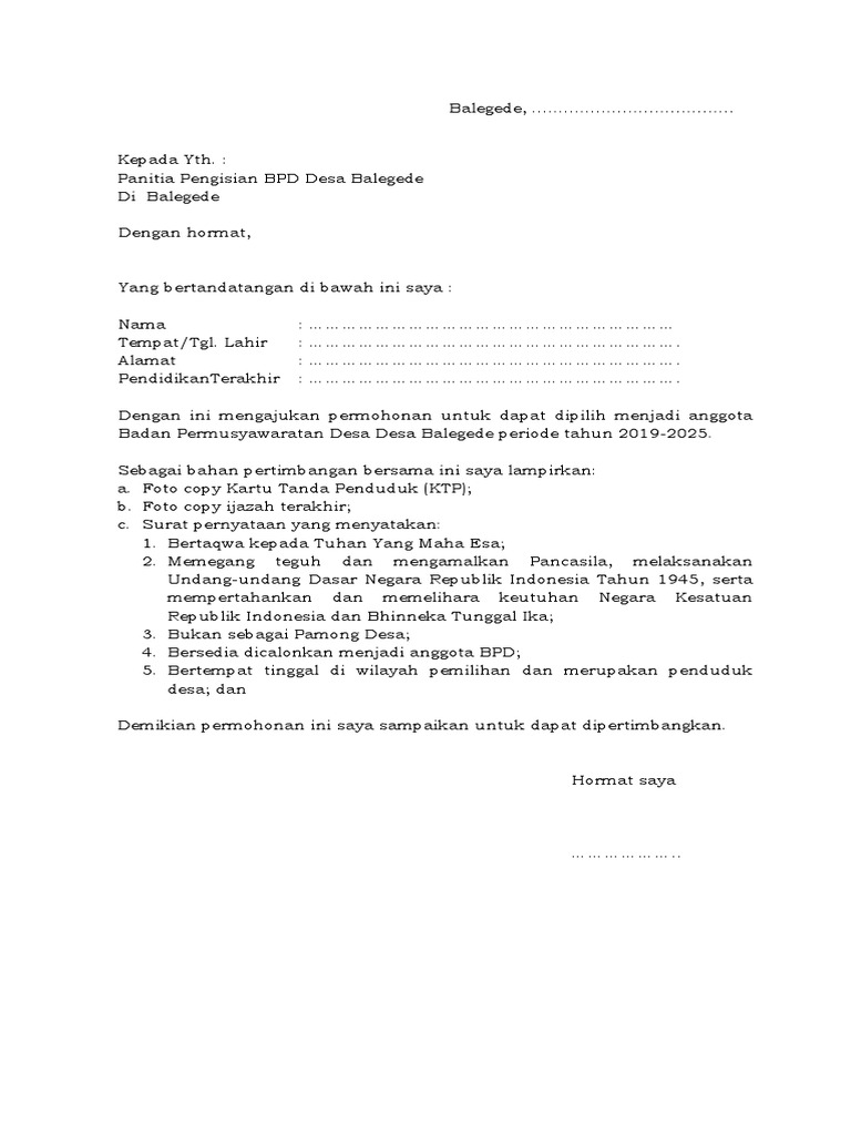 Surat Pernyataan Bersedia Dicalonkan Menjadi Anggota Bpd