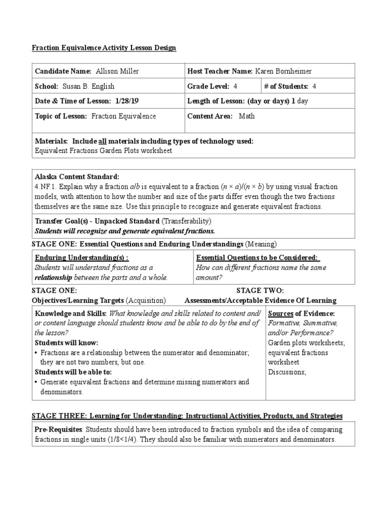 Fraction Equivalence Lesson Plan | PDF | Fraction (Mathematics) | Pedagogy
