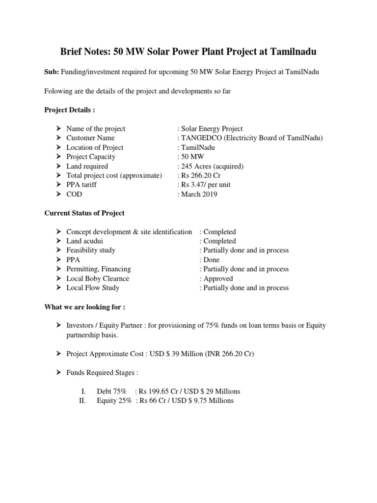 50 MW Solar Power Project in Tamilnadu | PDF | Business | Technology ...
