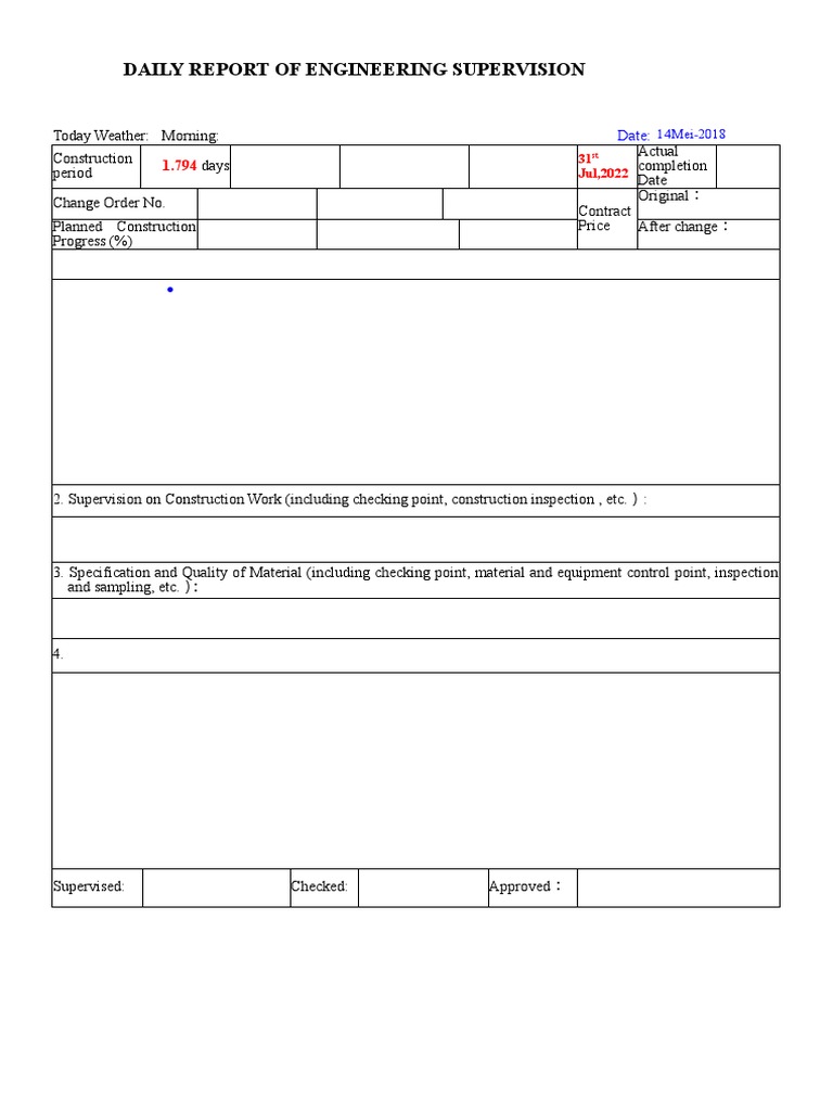 Daily Report of Engineering Supervision: Date | PDF