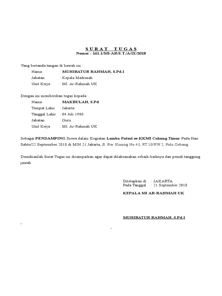 No 1611 Surat Tugas Pendamping Lomba Futsal