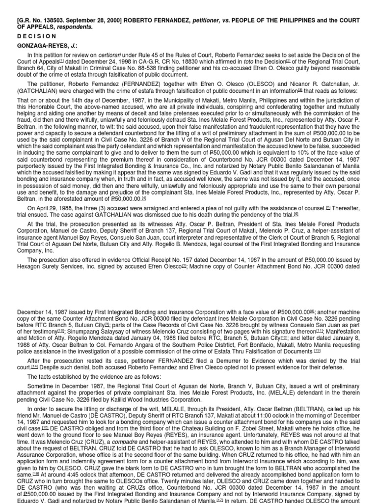 Estafa Case Review: Fernandez vs. People | PDF | Fraud | Evidence (Law)