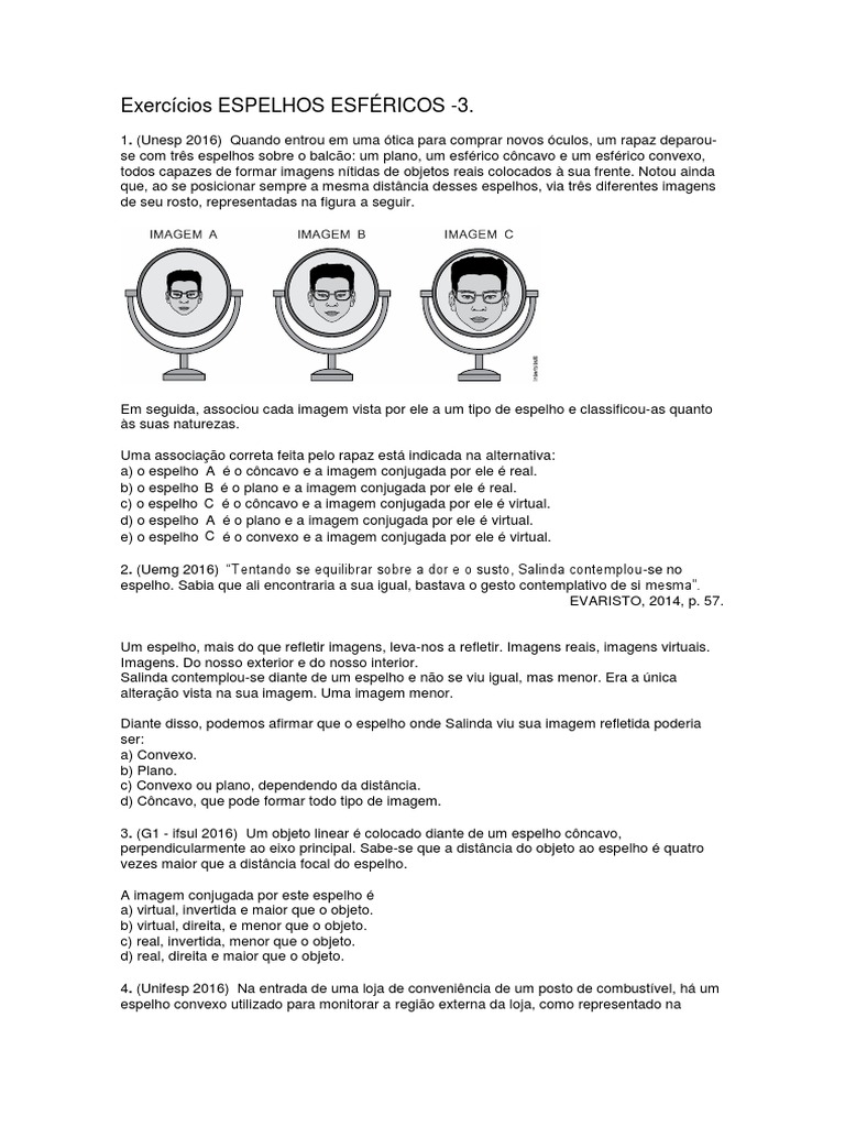 Exercícios Espelhos Esféricos 3 | PDF | Espelho | Lente (ótica)