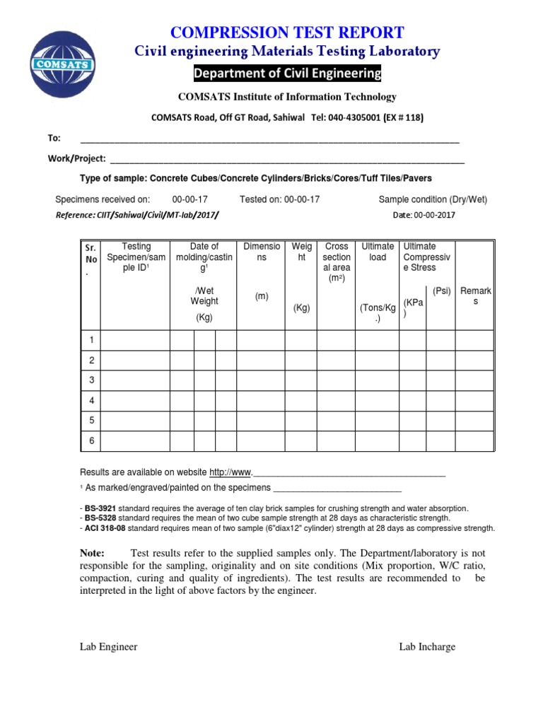 Compression Test Report: Civil Engineering Materials Testing Laboratory ...