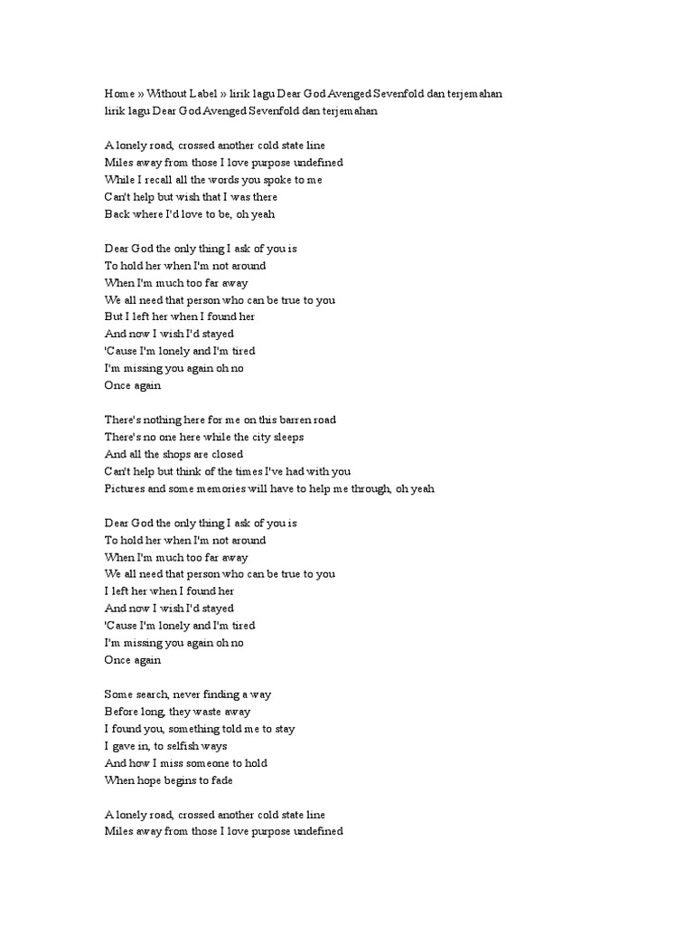 Lirik Lagu Avenged Sevenfold Dear God Arsia Lirik