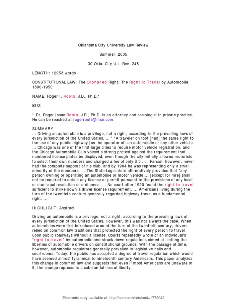 Constitutional Right to Travel by Automobile 18901950 PDF U.S
