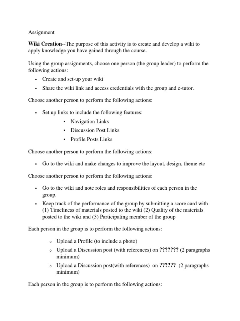 Wiki Creation - The Purpose of This Activity Is To Create and Develop A ...
