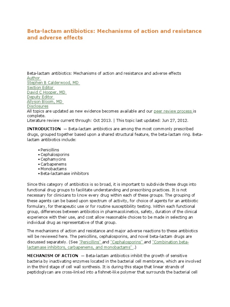 Mechanisms of Action and Resistance and Adverse Effects of Beta Lactams ...