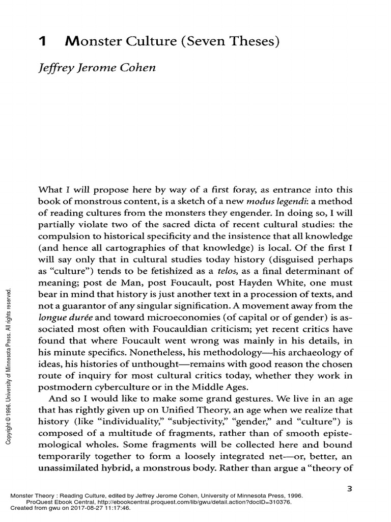 Jeffrey Jerome Cohen Monster Culture Seven Theses PDF Bram Stoker