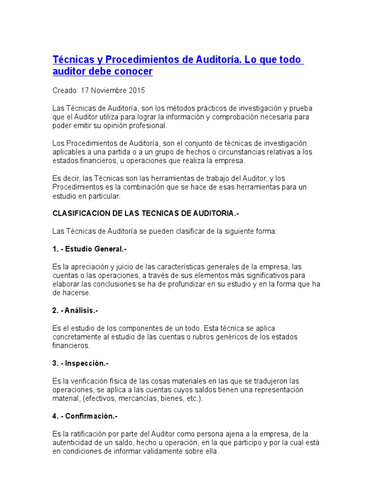 Técnicas y Procedimientos de Auditoría | PDF | Auditoría | Contralor